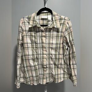 Alfred Dunner Green Plaid Button-Down Embroidered Ruffled Placket Lace Size 12